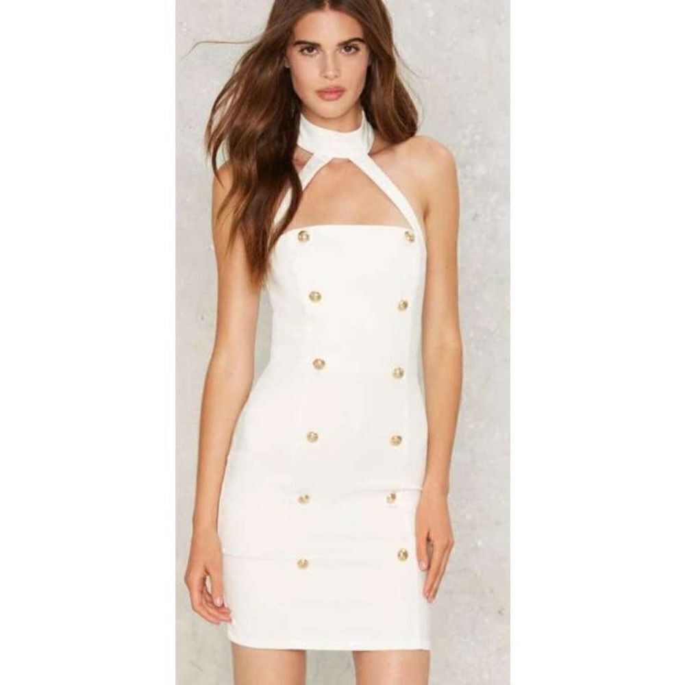 Bossa Byblos White Gold Button Halter Neck Dress Sz. M